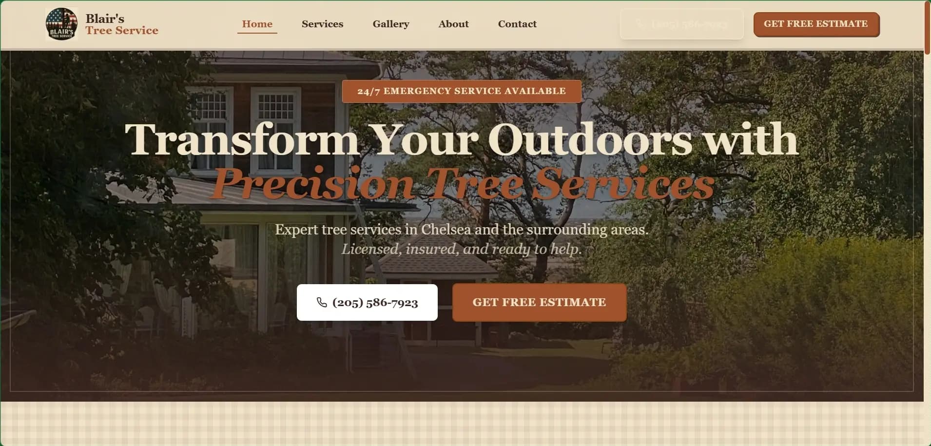 Blair's Tree Service website hero: a house surrounded by trees with the headline “Transform Your Outdoors with Precision Tree Services”.