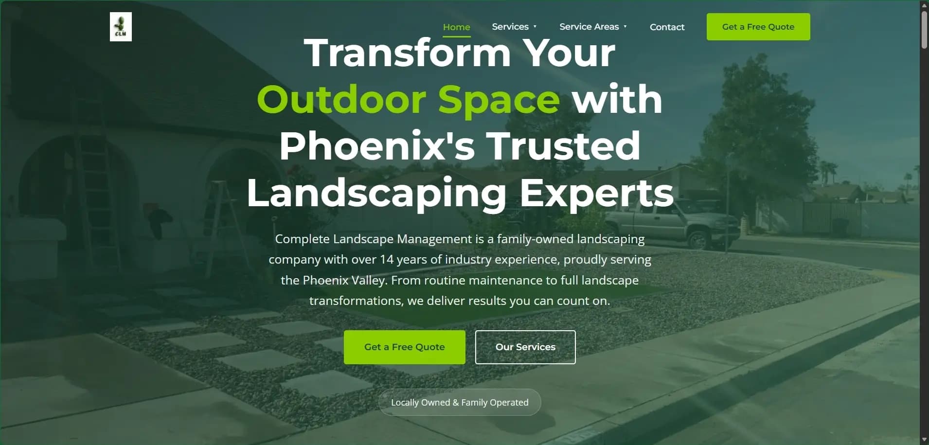 Complete Landscape Management website hero over a residential front yard with quote and services buttons.