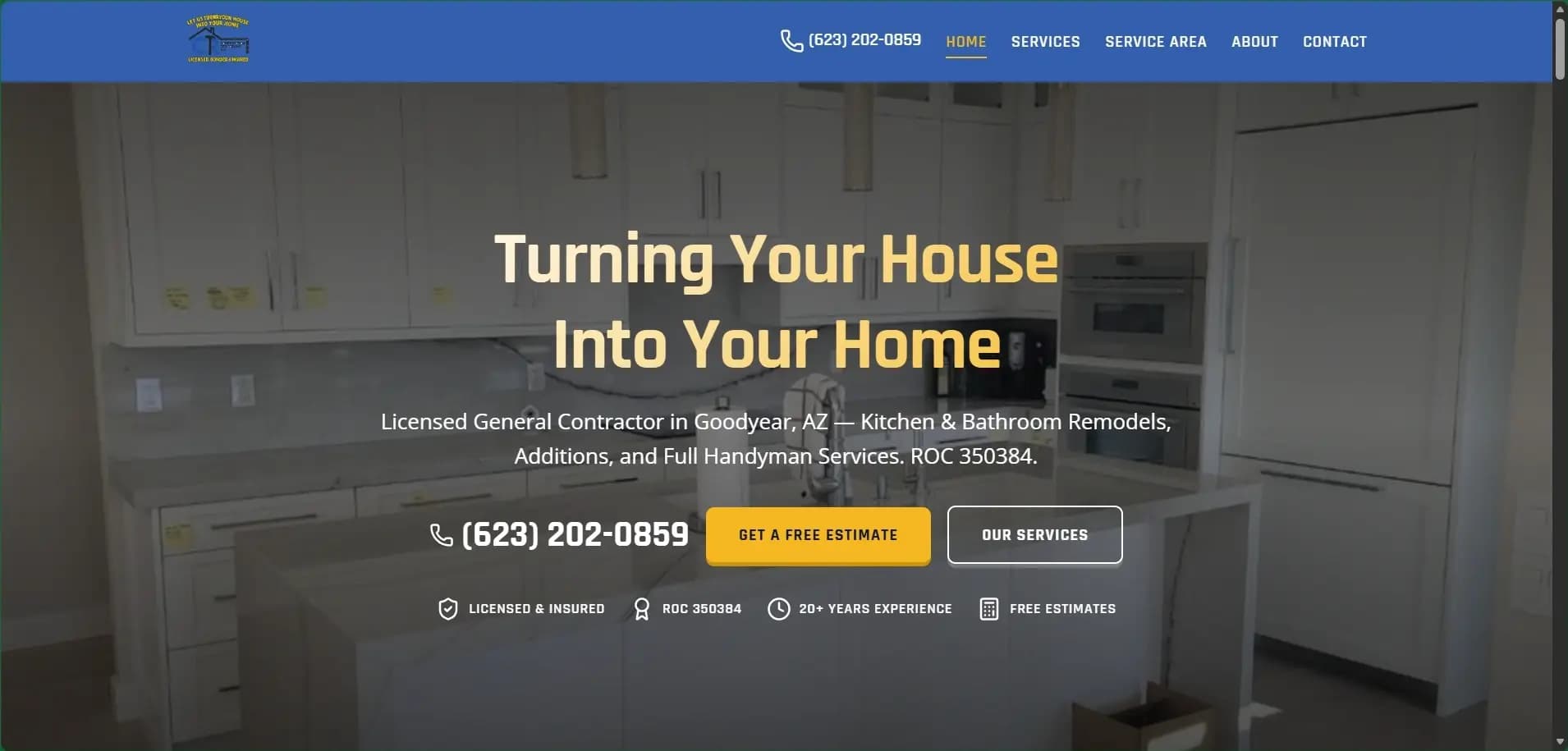 CR Construction & Remodeling website hero: a modern white kitchen with the headline “Turning Your House Into Your Home”.