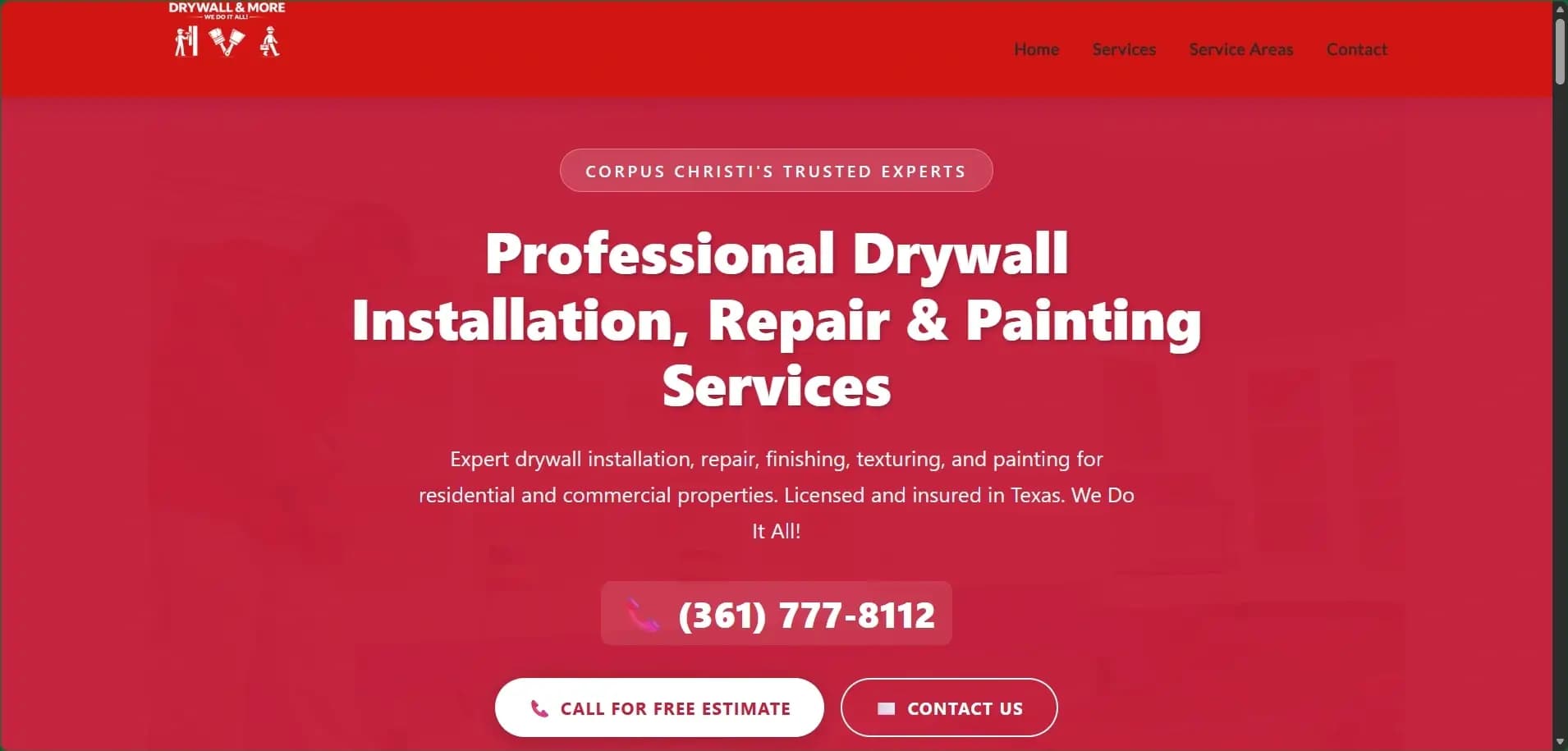 Drywall & More Services website hero: red background with the title “Professional Drywall Installation, Repair & Painting Services”.