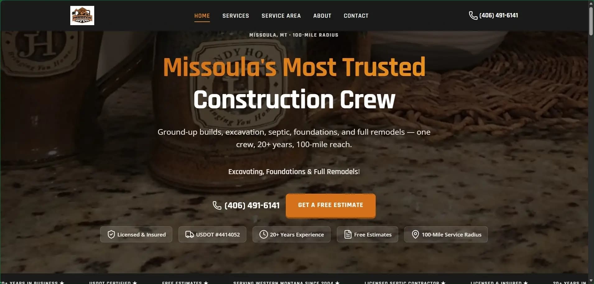 Handy's Construction website hero advertising Missoula's Most Trusted Construction Crew over a construction-site background.