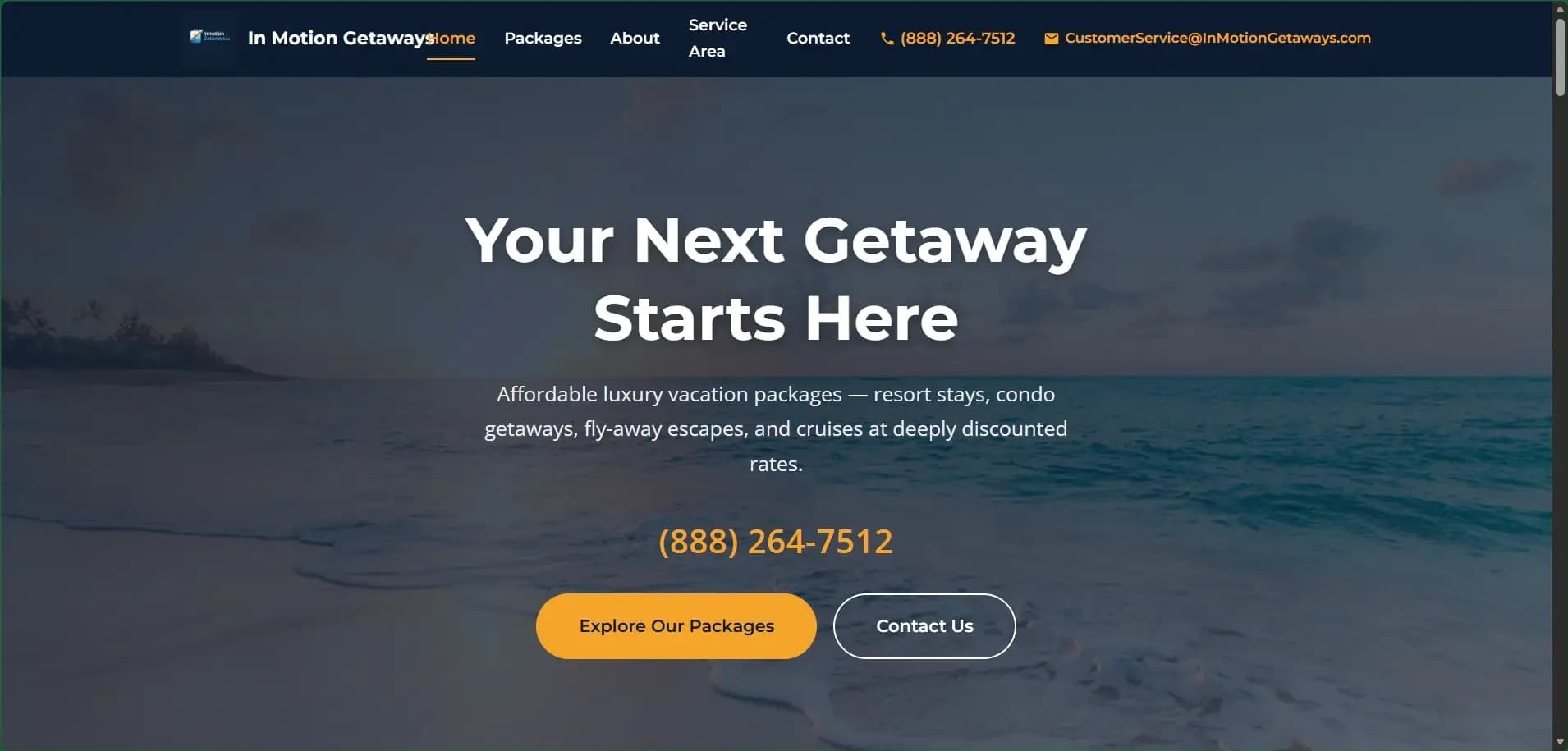 In Motion Getaways website hero: beach and ocean with the headline “Your Next Getaway Starts Here”.