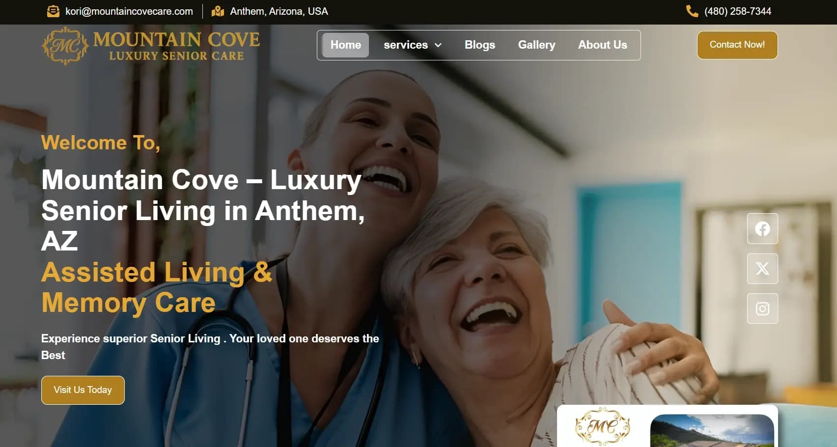 Mountain Cove Luxury Senior Care website hero: a smiling nurse and elderly woman embrace in a bright lobby.