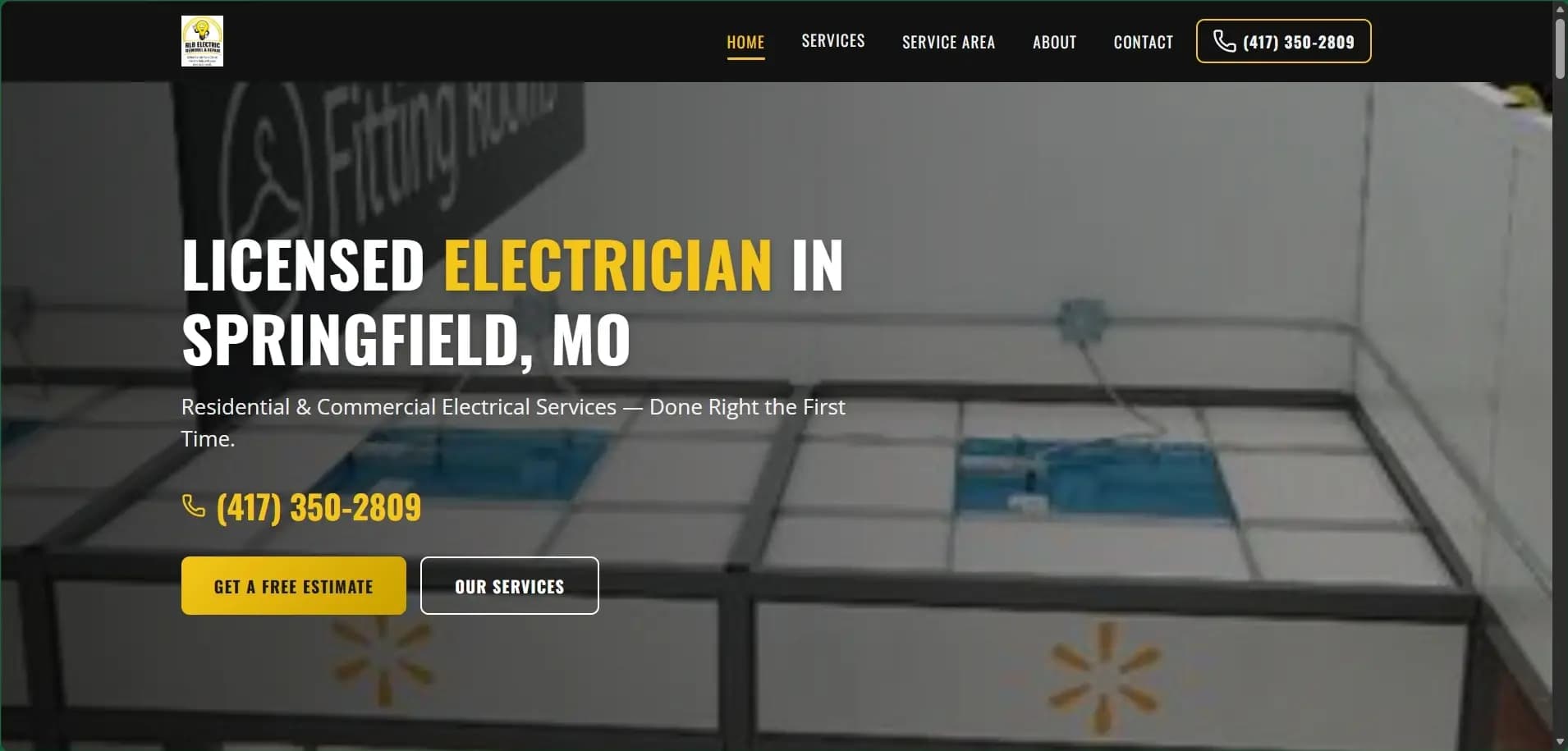 RLB Electric website hero: “Licensed Electrician in Springfield, MO” with two call-to-action buttons.