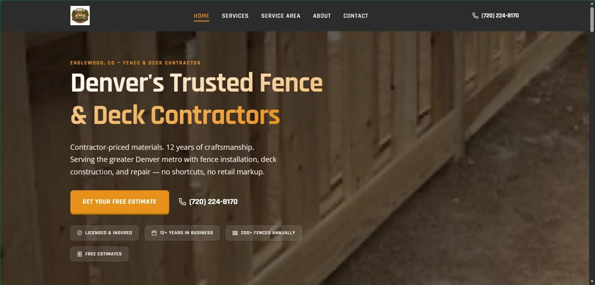 RMB Fence & Deck website hero with a wooden fence backdrop and bold headline.