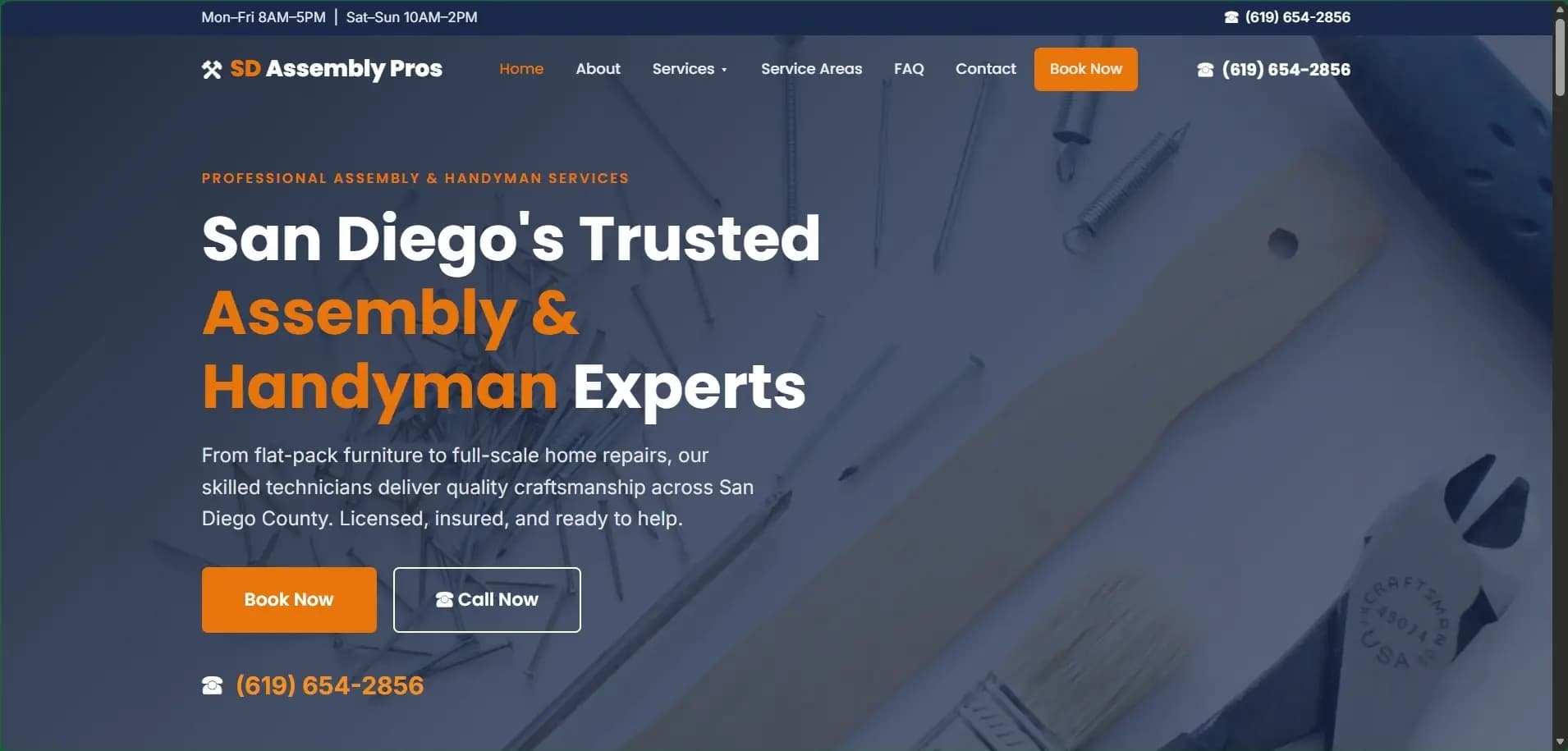 SD Assembly Pros website hero: tools under a blue overlay with the headline “San Diego's Trusted Assembly & Handyman Experts”.