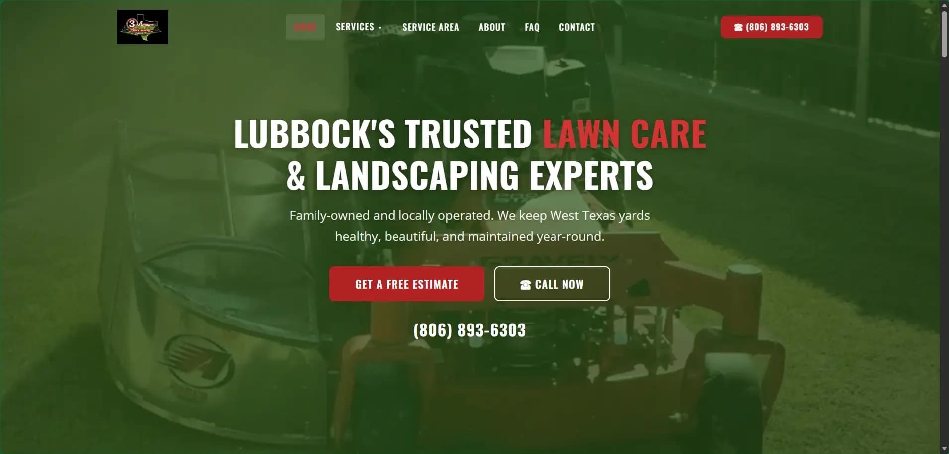 Three Amigos Lawn & Landscape website hero advertising Lubbock's trusted lawn care experts with two call-to-action buttons.