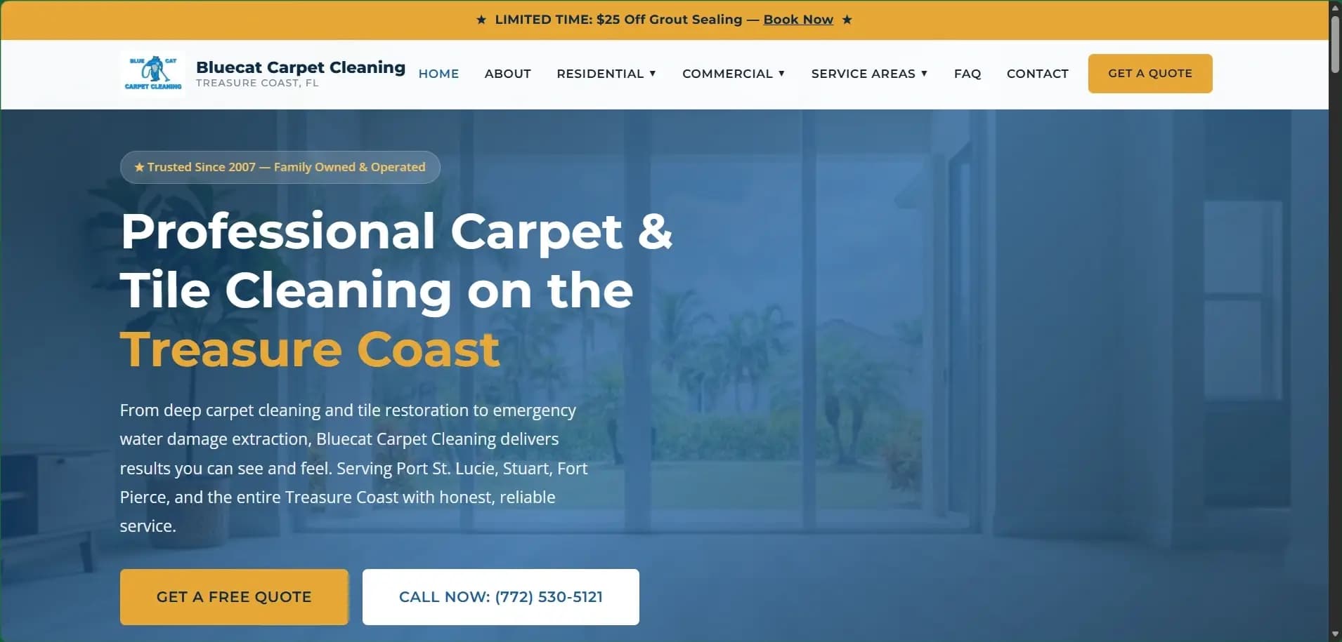 Bluecat Carpet Cleaning website hero: “Professional Carpet & Tile Cleaning on the Treasure Coast” with quote and call buttons.