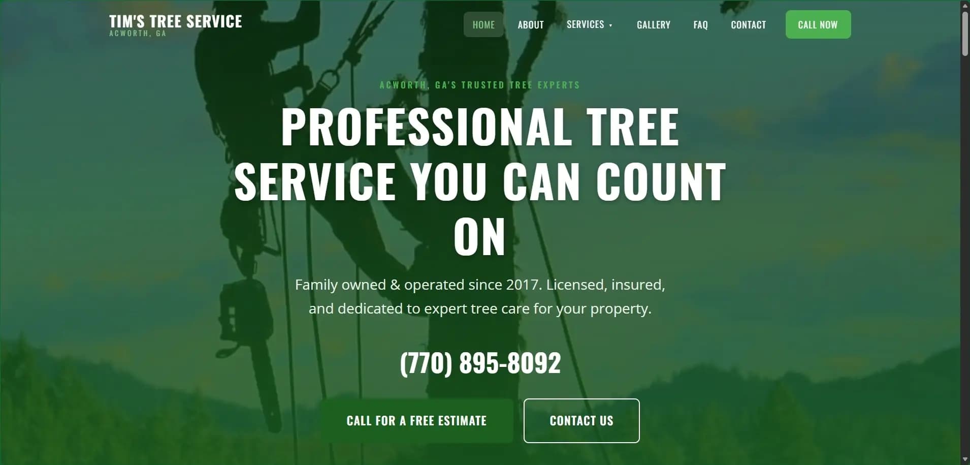 Tim's Tree Service website hero: “Professional Tree Service You Can Count On” over a green-tinted image of a tree climber.