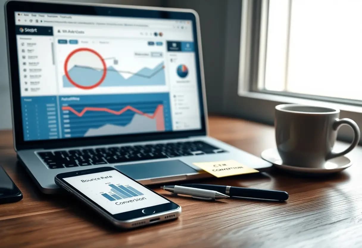 Laptop on a wooden desk showing a data analytics dashboard with charts; smartphone nearby displays a conversion chart; coffee cup on the right.
