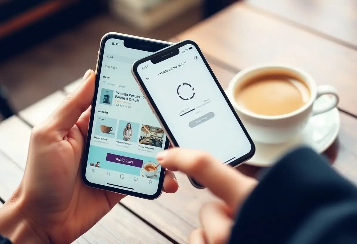 Two smartphones in a person's hands show a shopping app: a product grid with an Add to Cart button on one screen and a loading circle on the other, with a cup of coffee on a wooden table in the background.