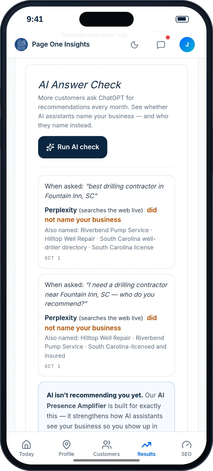 Page One Portal AI Answer Check: what an AI assistant answered when asked to recommend a local contractor, and which businesses it named