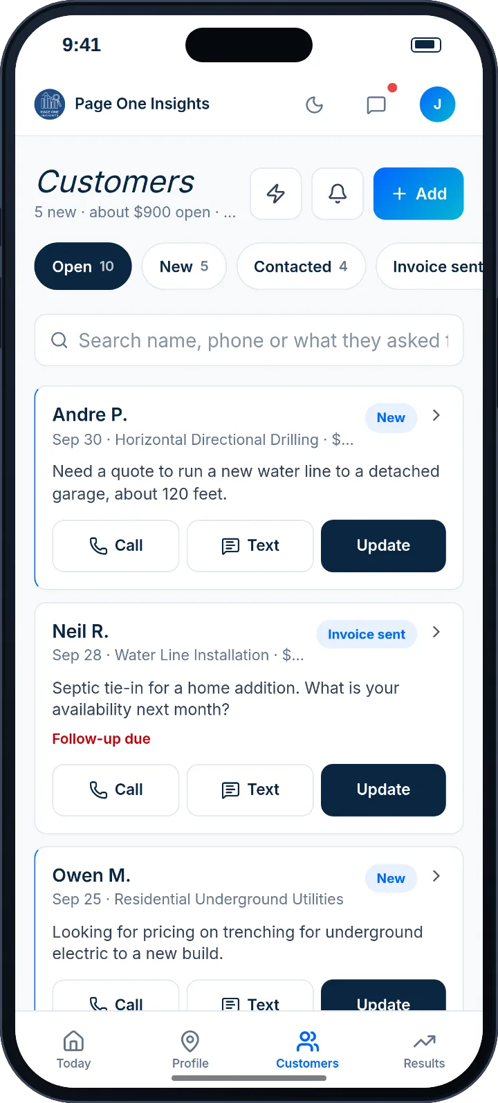 Page One Portal Customers screen: a list of new leads, each with Call, Text and Update buttons