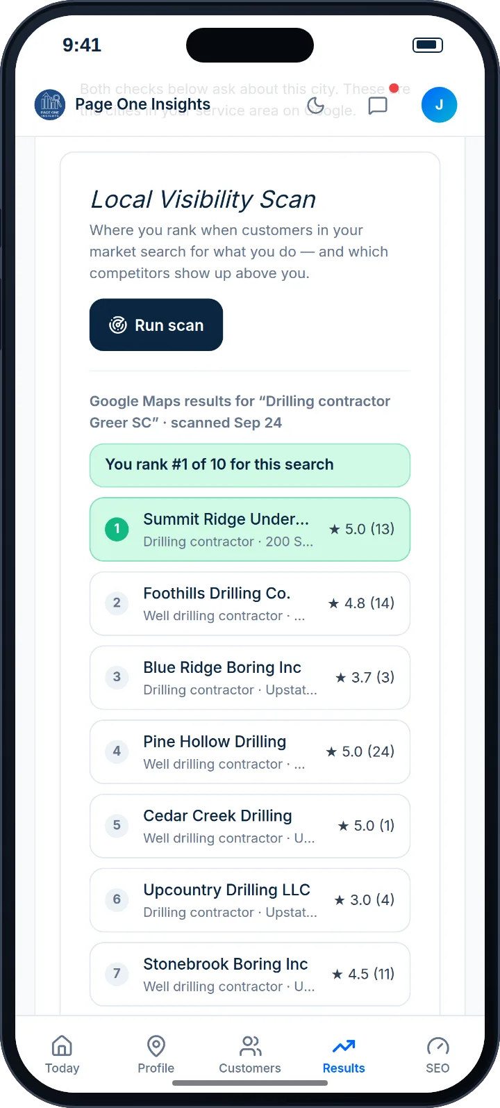 Page One Portal Local Visibility Scan: Google Maps results for one search with the sample business ranked first of ten