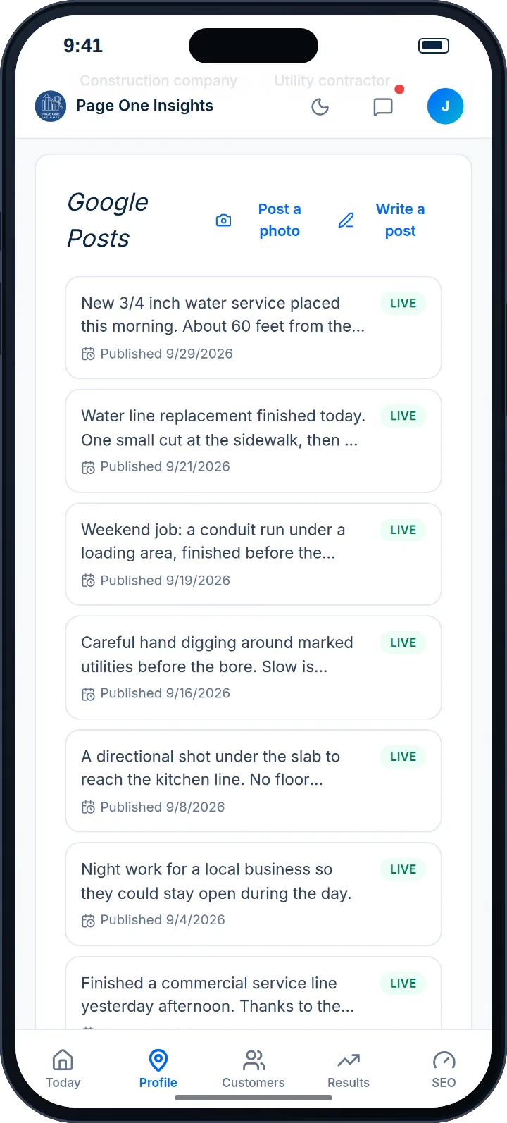Page One Portal Google Posts screen: published Google Business Profile posts marked Live, with Post a photo and Write a post buttons