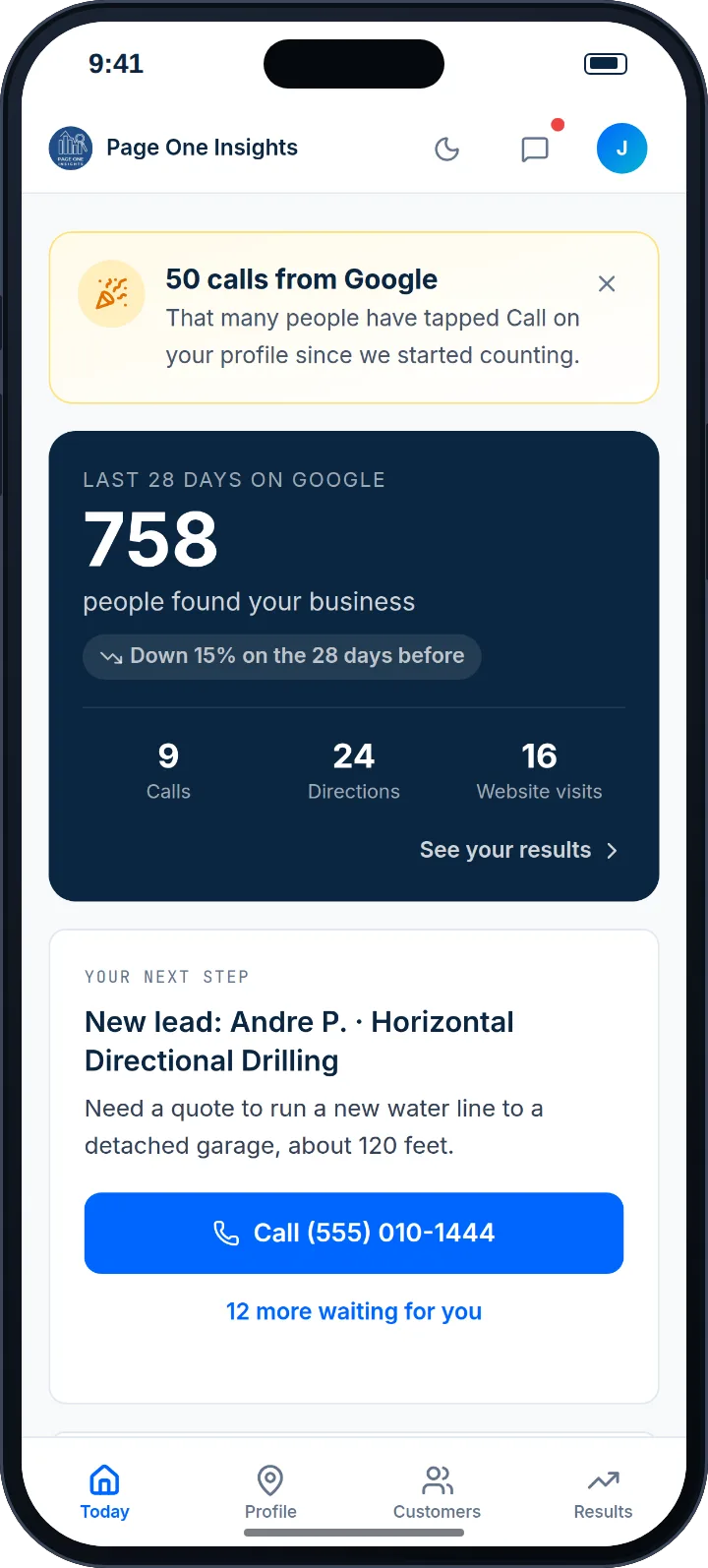Page One Portal Today screen on a phone: 758 people found the sample business on Google in 28 days, with a new lead and a Call button