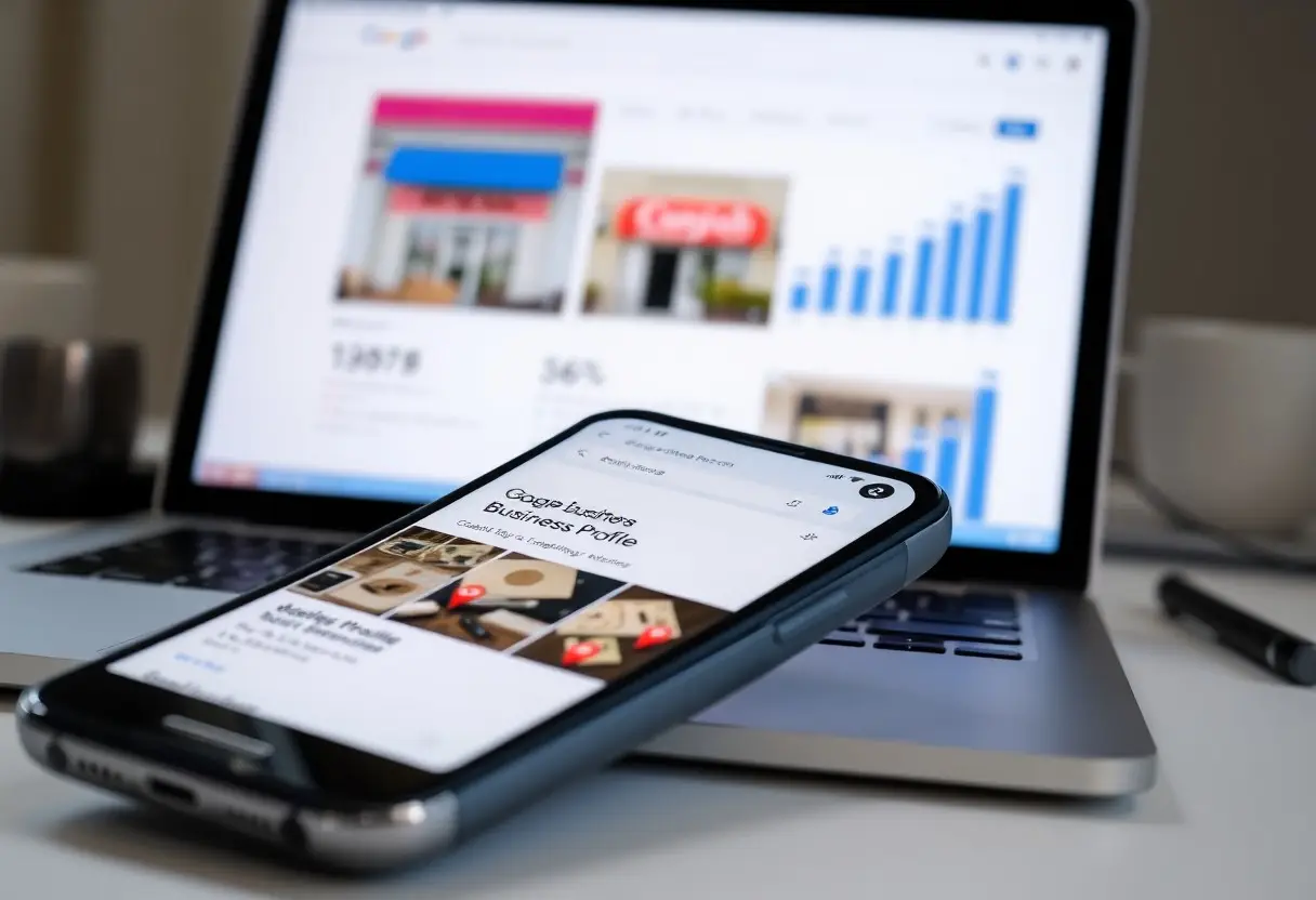 Desk with a laptop showing graphs and a smartphone displaying a Google Business Profile.