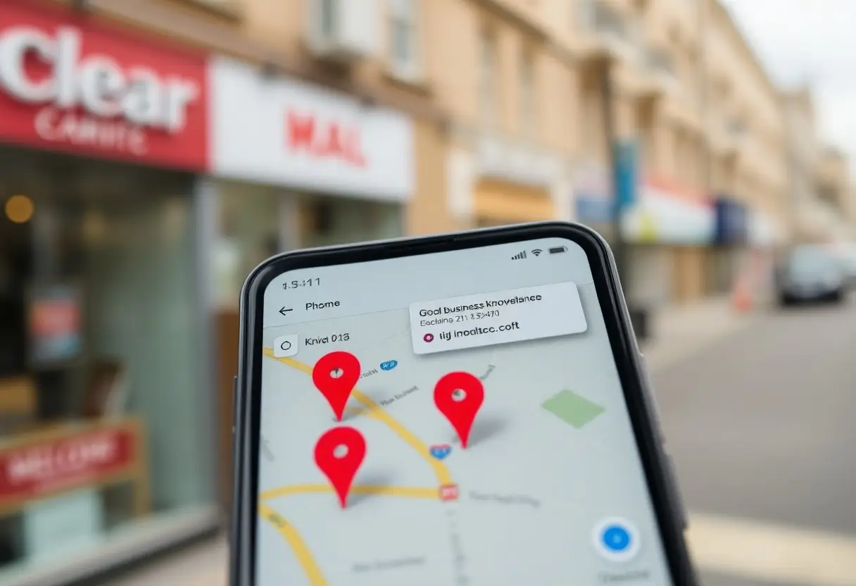 Phone screen showing a map with three red location pins against a blurred street storefronts background including a red store sign