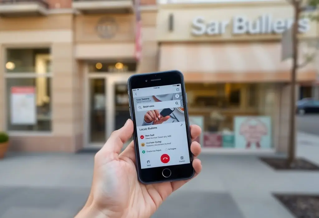 Hand holding an iPhone displaying a call screen outdoors in a shopping street.