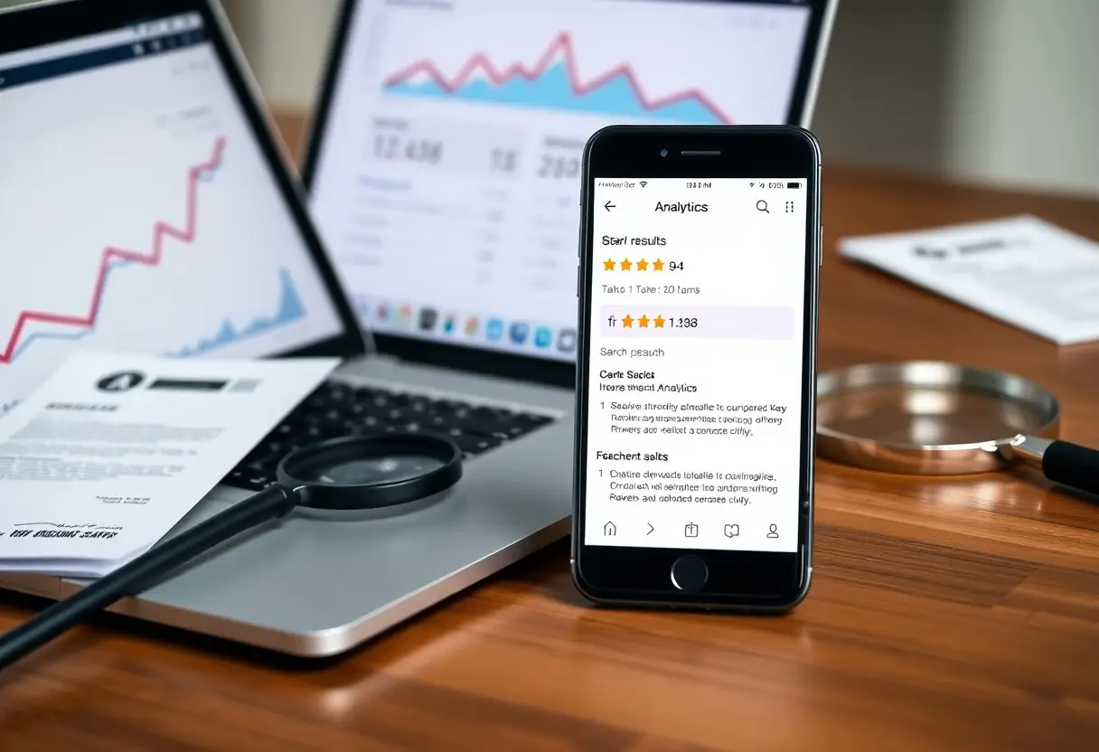 Desk setup with laptop displaying line charts, a smartphone showing analytics results, a magnifying glass, and scattered reports.