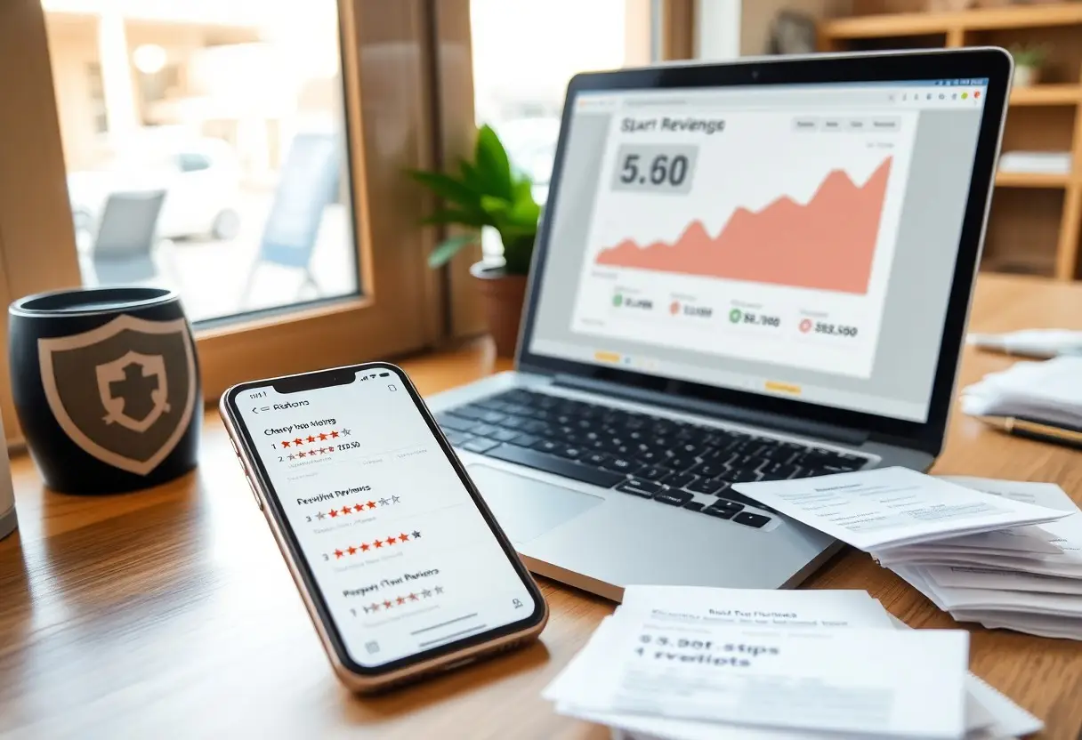 Laptop showing a performance dashboard with a rising graph on a wooden desk beside a smartphone displaying star ratings.