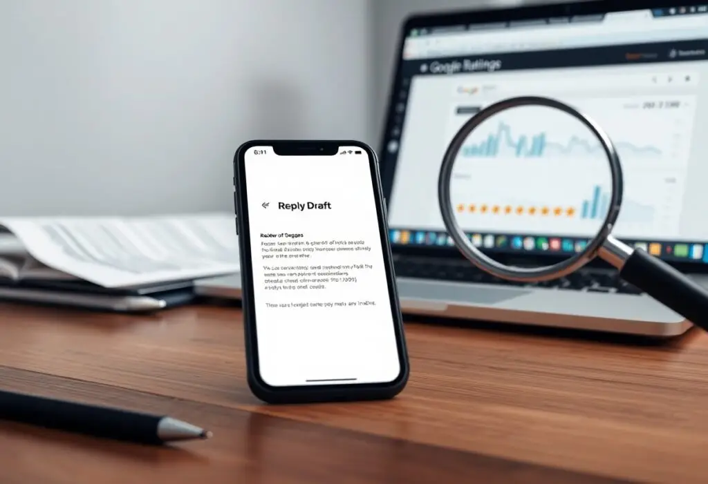 Smartphone on a wooden desk showing a 'Reply Draft' screen, with a laptop displaying graphs and a magnifying glass in the background.