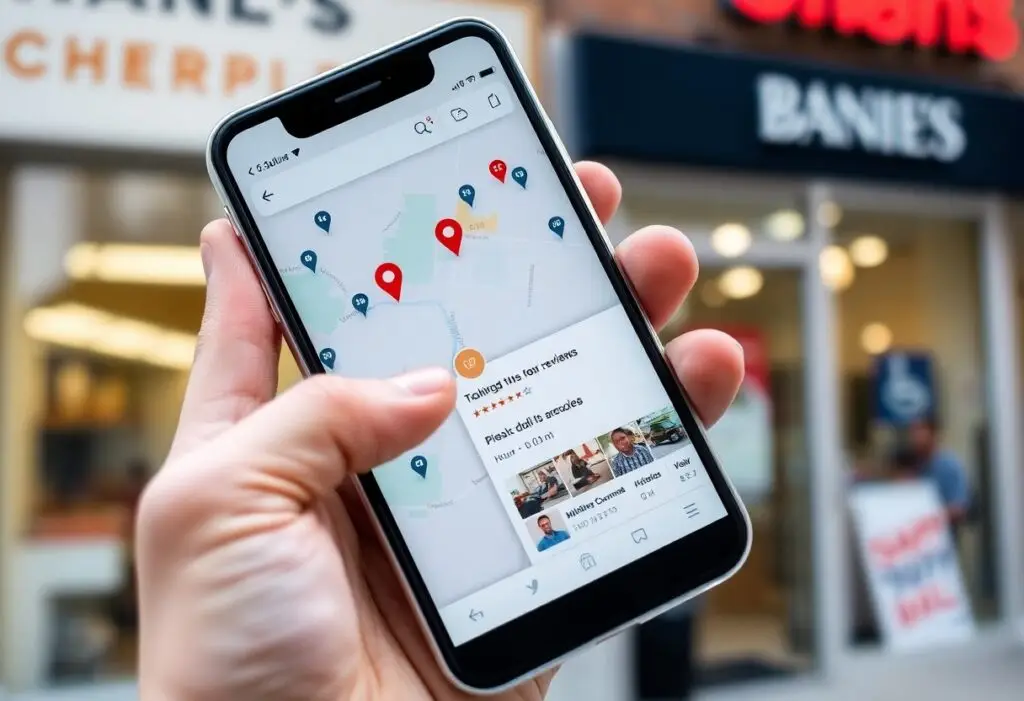 Hand holding a smartphone that shows a map with red location pins near shops in a storefront area.