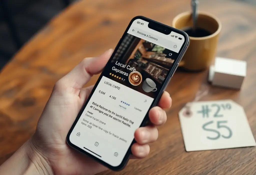 Hand holding a smartphone displaying a cafe listing with star rating and a coffee image on the screen.