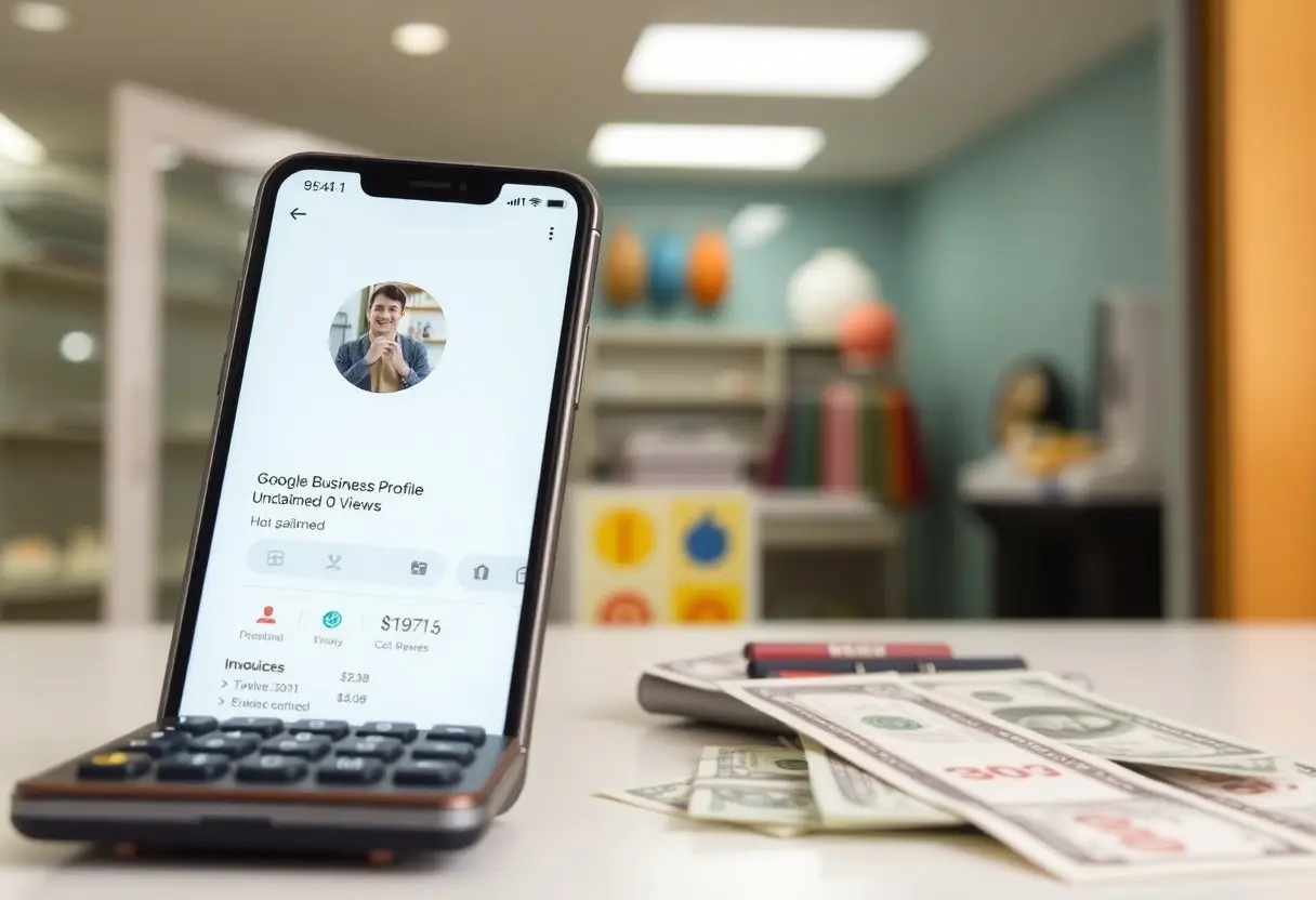 Smartphone on a desk shows a Google Business Profile page, with cash and a calculator in the foreground.