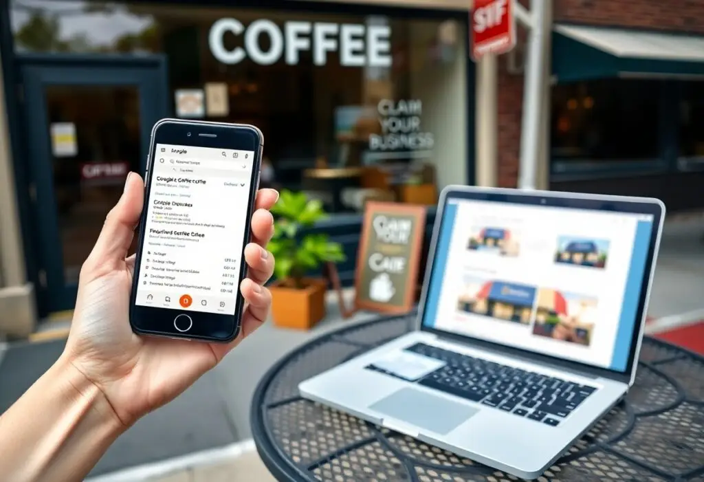 Person holds a smartphone displaying a search results page while a laptop sits on a metal table outside a coffee shop.