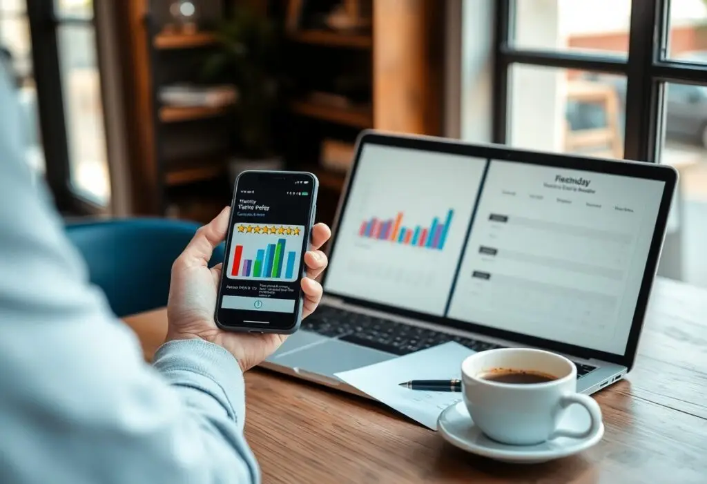Hand holding a smartphone showing a colorful bar chart and star ratings; a laptop with charts sits on a wooden table in a cafe setting.