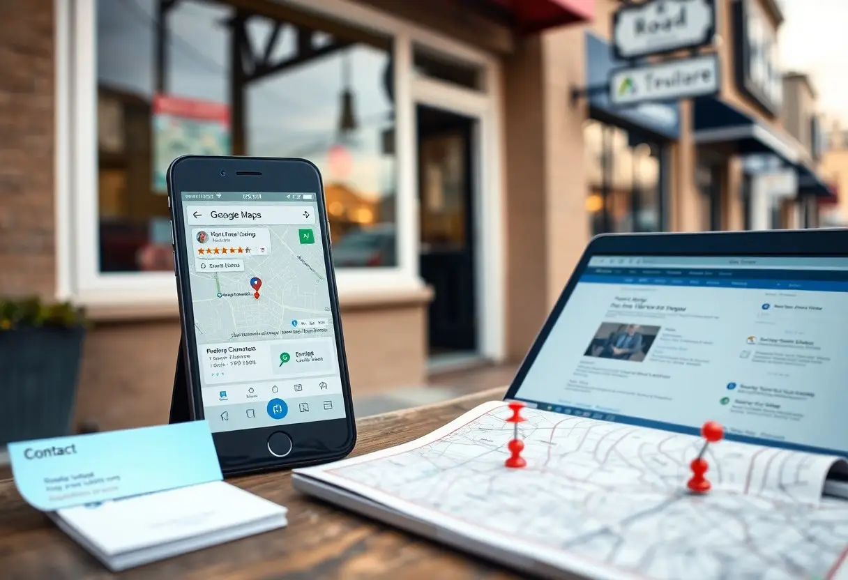 Phone shows Google Maps with a location pin on a street map beside a laptop and printed map marked with red pins on a table outdoors.
