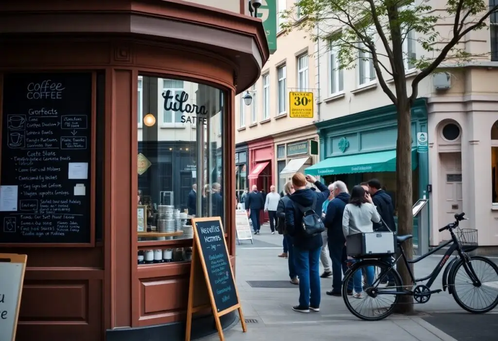 Street cafe on a corner with chalkboard menus, people queuing outside while a bicycle leans on a tree on a sunny city street.