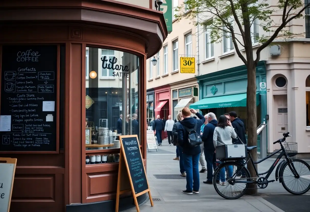 Street cafe on a corner with chalkboard menus, people queuing outside while a bicycle leans on a tree on a sunny city street.