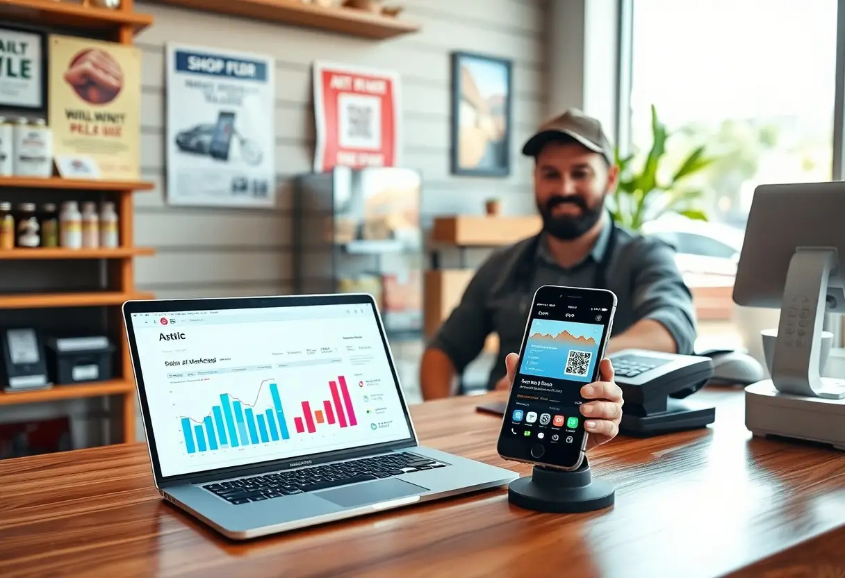 Laptop screen shows colorful charts and graphs on a wooden desk, with a smartphone on a stand next to it in a retail setting, and a man seated in the background.