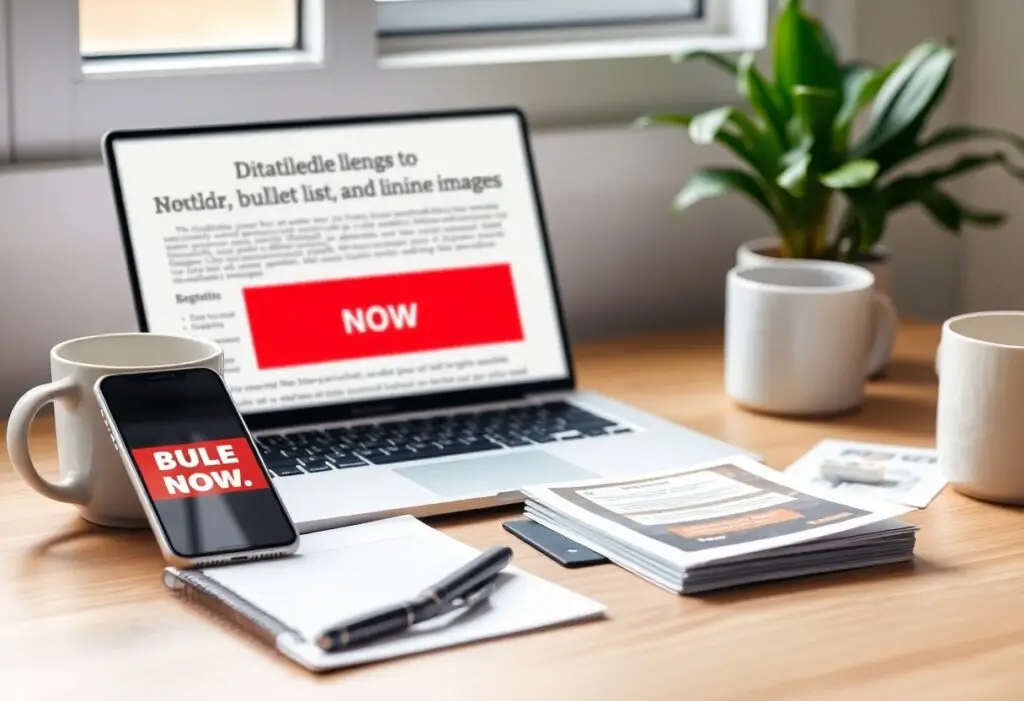 Laptop on a wooden desk shows a page with a large red 'NOW' banner; a smartphone beside it displays 'BUY NOW' in white on red.