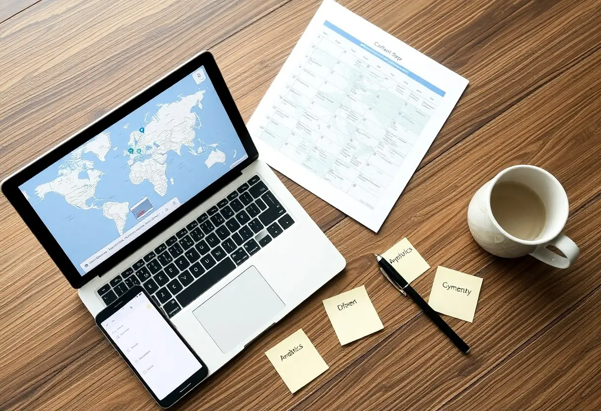 Laptop shows a world map on screen, with a smartphone, a printed chart, sticky notes, a pen, and a coffee mug on a wooden desk.