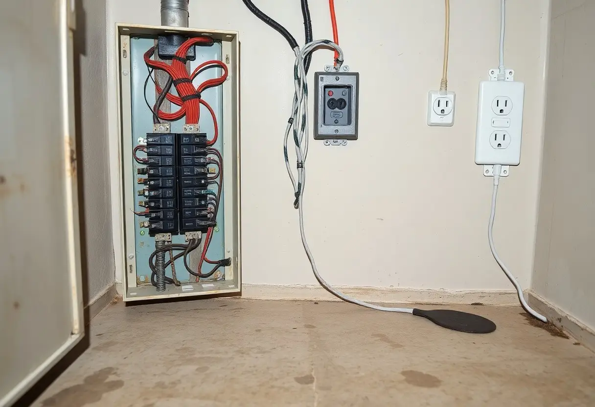Open electrical panel with multiple circuit breakers and red wiring in a utility room