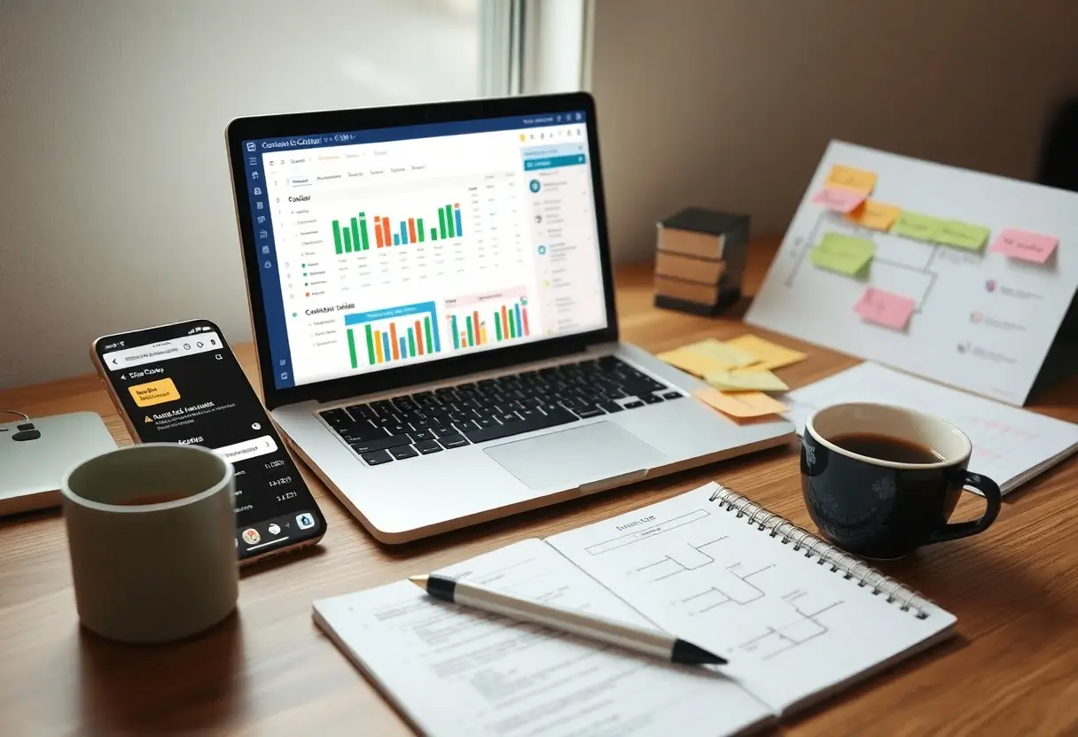 Laptop on a desk shows colorful charts; a smartphone, notebook, coffee mug, and sticky notes nearby.