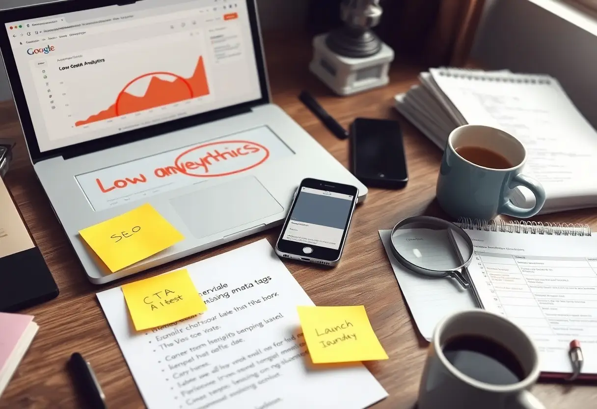 Desk workspace with a laptop showing a chart, sticky notes reading 'Low analytics' and 'SEO', a smartphone, coffee mugs, and scattered papers.