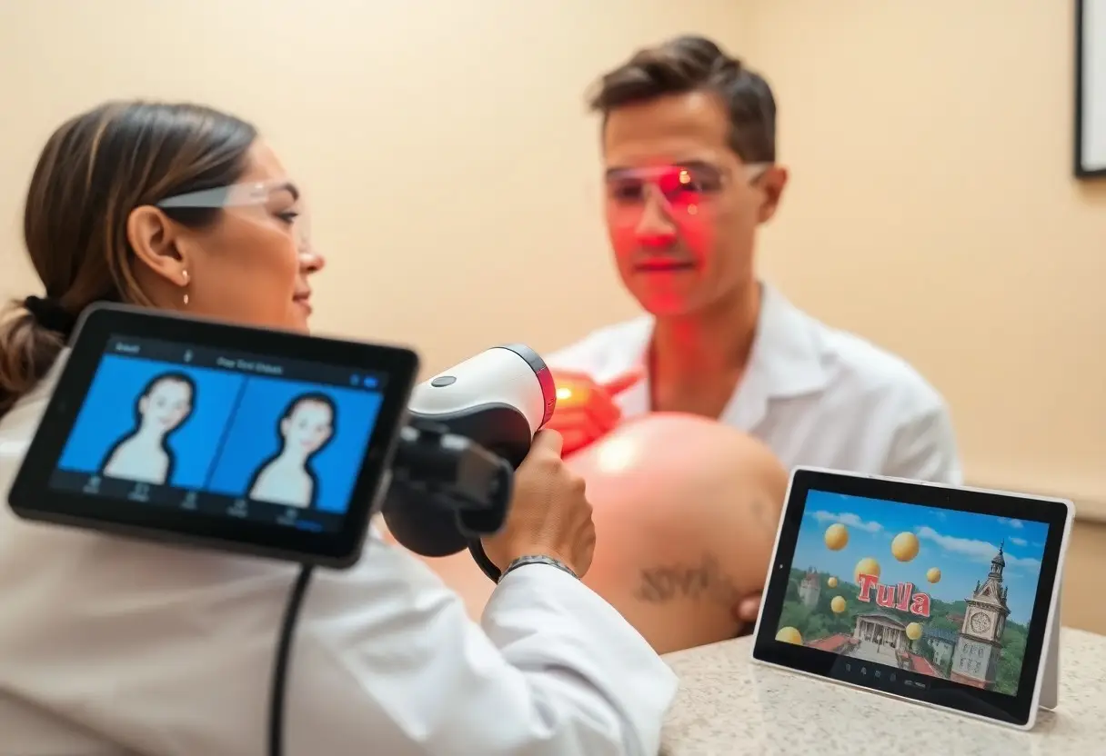 Medical professional uses a handheld device with a red light on a patient's face while another screen shows a 3D avatar analysis.