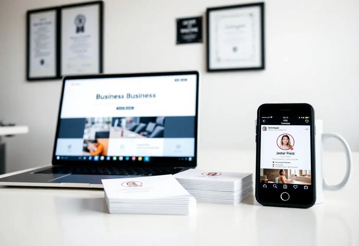 Desk setup with an open laptop displaying a business website, a stack of business cards, and a smartphone showing an Instagram profile.