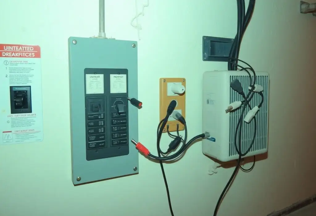 Electrical breaker panel on a wall with multiple switches and several cords plugged into a yellow outlet adapter and a white power box nearby; a safety sign is mounted to the left.
