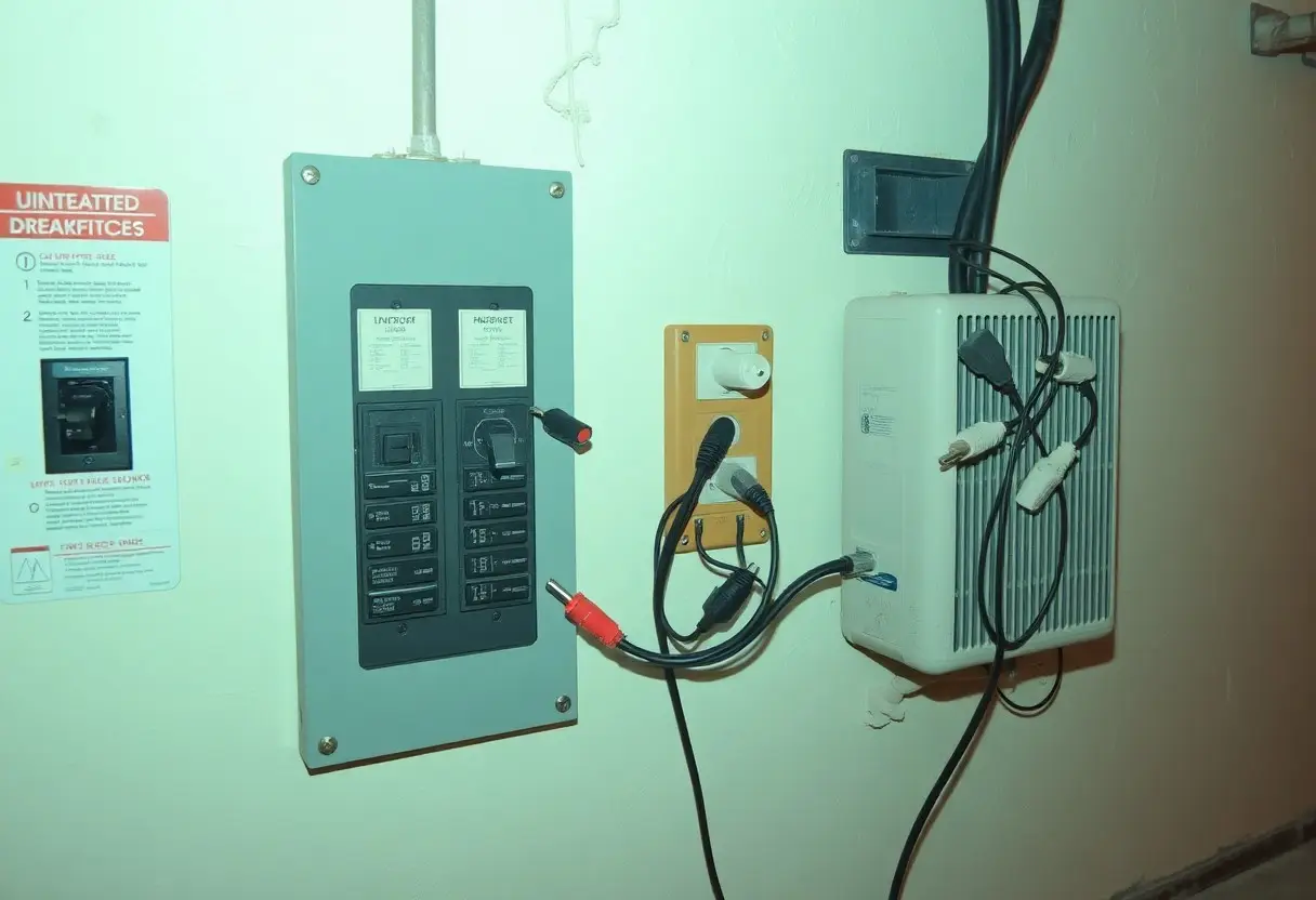 Electrical breaker panel on a wall with multiple switches and several cords plugged into a yellow outlet adapter and a white power box nearby; a safety sign is mounted to the left.