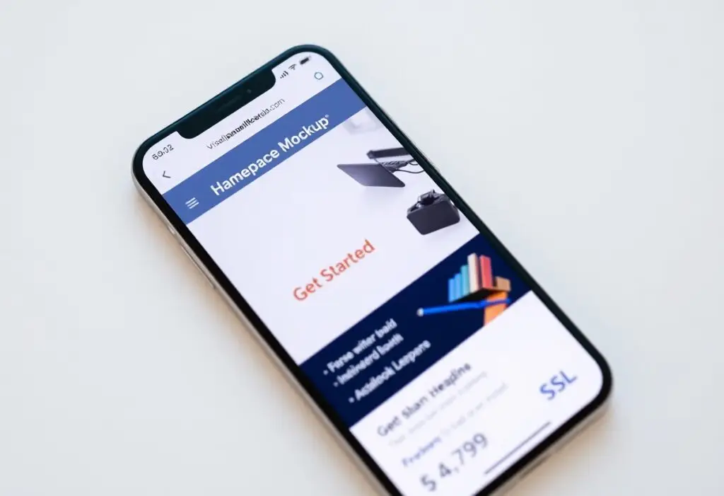 Smartphone angled on a white surface showing a website mockup with a blue header that says 'Homepage Mockup' and a prominent 'Get Started' area