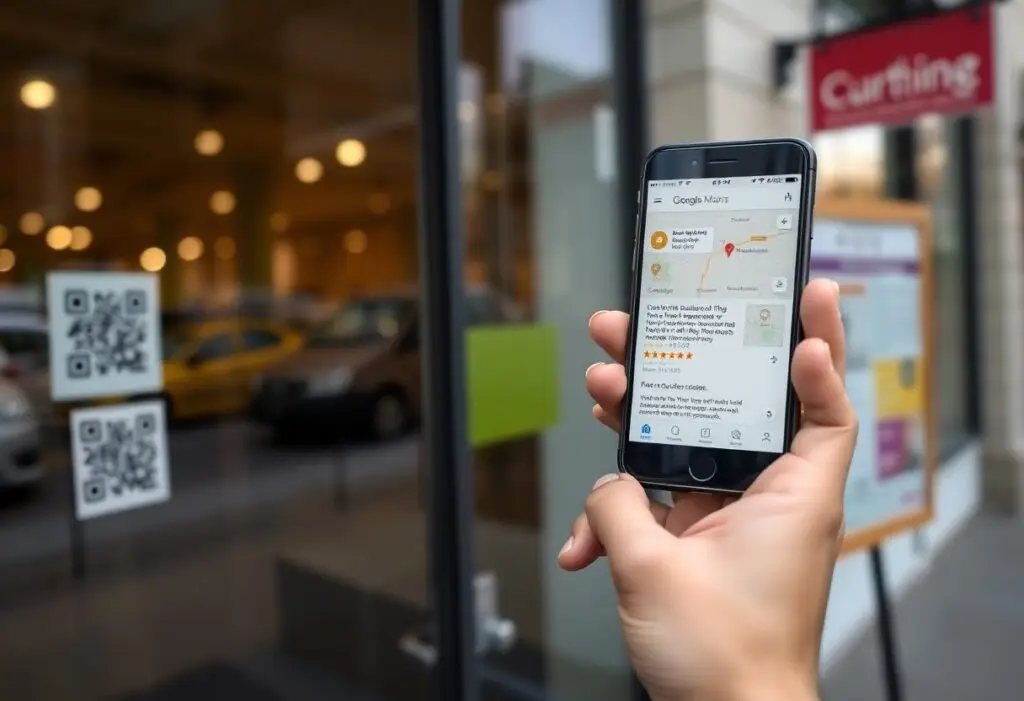 Person holding a smartphone outside a store, showing a Google Maps screen with a route and map pins in focus.