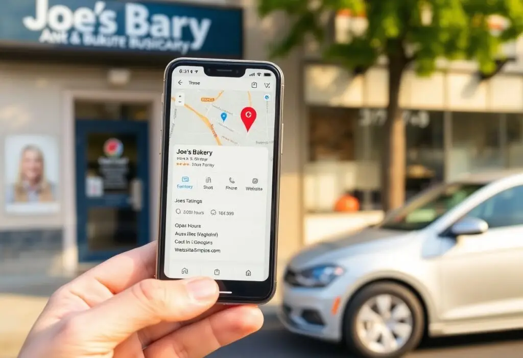 Hand holding a smartphone displaying a map and pin for Joe's Bakery in front of a storefront with a parked car nearby.