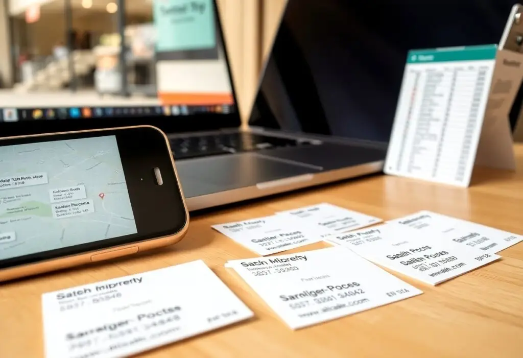 Smartphone showing a map on a desk beside scattered business cards with a laptop in the background.