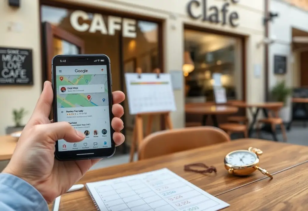 Hand holding a smartphone showing Google Maps with a cafe location, in front of an outdoor cafe with wooden tables and chairs.