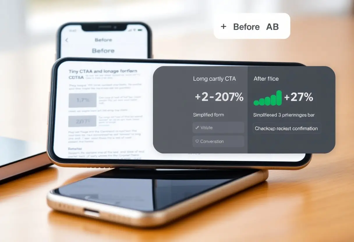Two smartphones on a wooden desk display a rounded dark panel with before/after performance metrics for an A/B test.